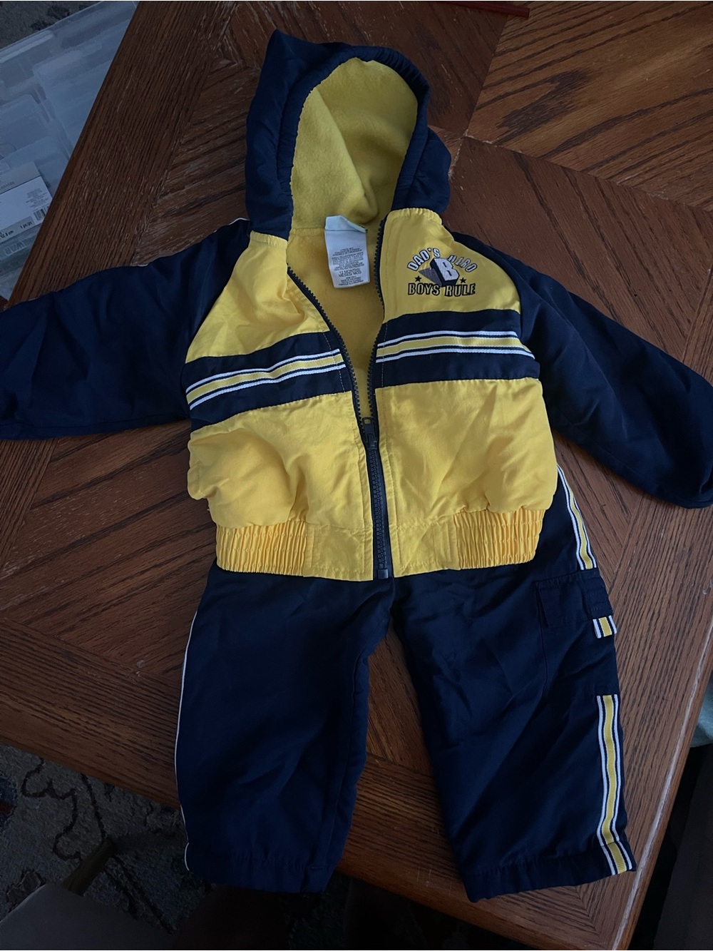 Al & Ray Baby Jacket, Pant 12 Months, 
Yellow & Navy Hooded Two-Piece Baby Track